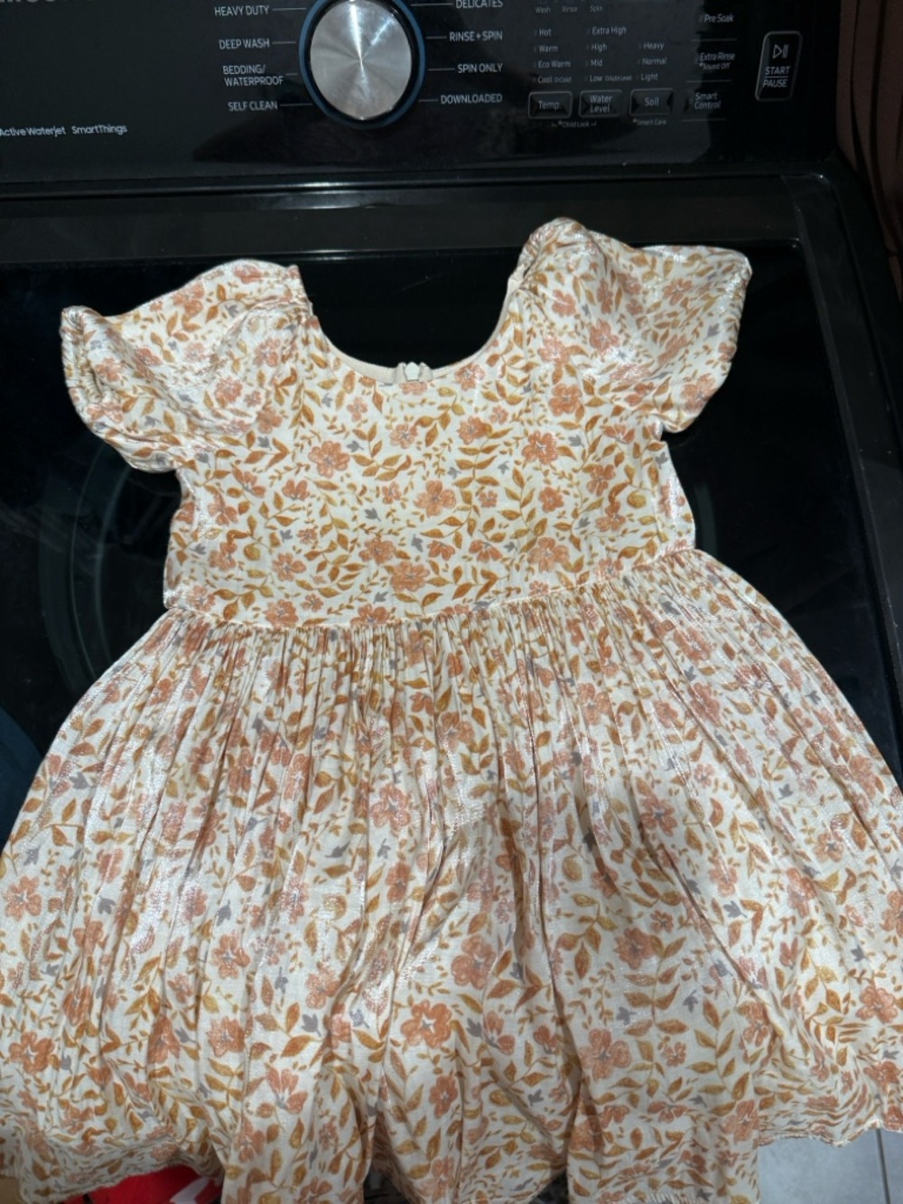 Nora Lee Girls Floral Puff-Sleeve Dress in Cream and Tan